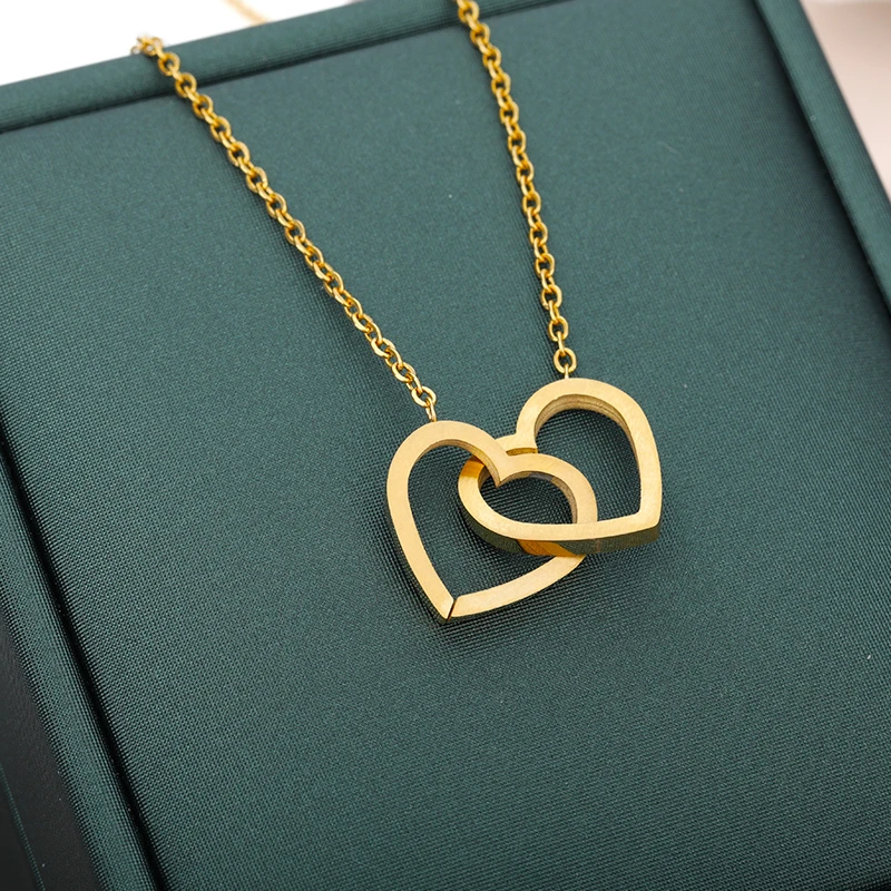 Double Heart Statement Necklace for Women Gold Stainless Steel Link Chian Wedding Jewelry Bijoux Femme Collier Choker