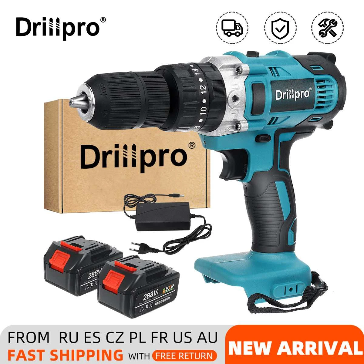 Drillpro 3 In 1 Electric Drill Cordless Screwdrive 13mm Hammer Drill Power Tools with 2X 15000Amh Li Battery for Makita Battery