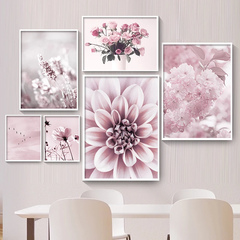 Nordic Print Posters Pink Flower Cherry Blossom Rose Peony Sky Bird Wall Art Canvas Painting Wall Pictures For Living Room Decor