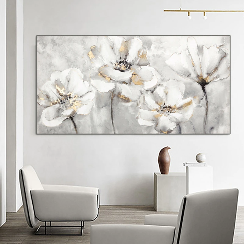 Hogar Poster Prints Canvas Painting White and Golden Modern Flower Pictures Wall Art For Office Room Cuadros Home Decor Pictures