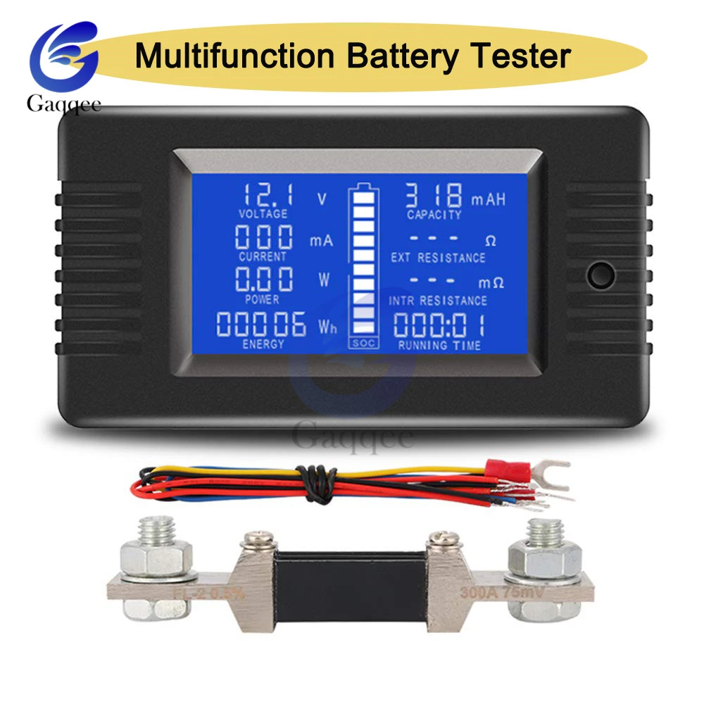 Car Battery Capacity Tester 0-200V DC Voltage Current Power Capacity Meter Resistance Residual Electricity Meter 0-300A Shunt