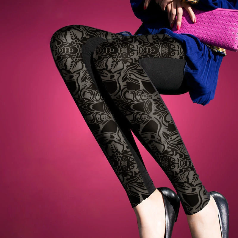 Spring and Autumn Style New Bud Silk Hollow Out Nine Minutes of Pants Net Yarn Faux Fur Splicing Women Leggings Roses