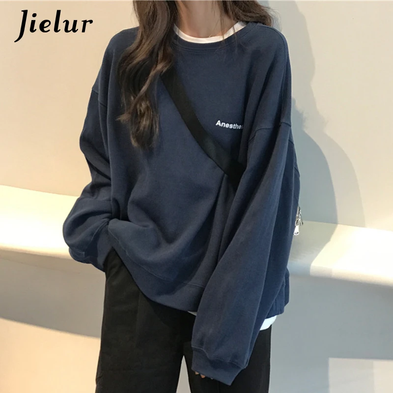 Jielur 2021 New Kpop Letter Hoody Fashion Korean Thin Chic Women's Sweatshirts Cool Navy Blue Gray Hoodies for Women M-XXL
