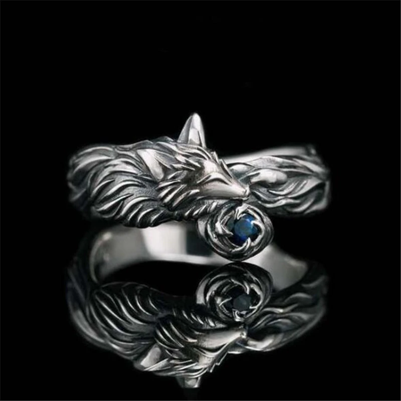 Vintage Blue Crystal Fox Animal Ring European And American Women's Punk Index Finger Ring Creative Jewelry Gifts