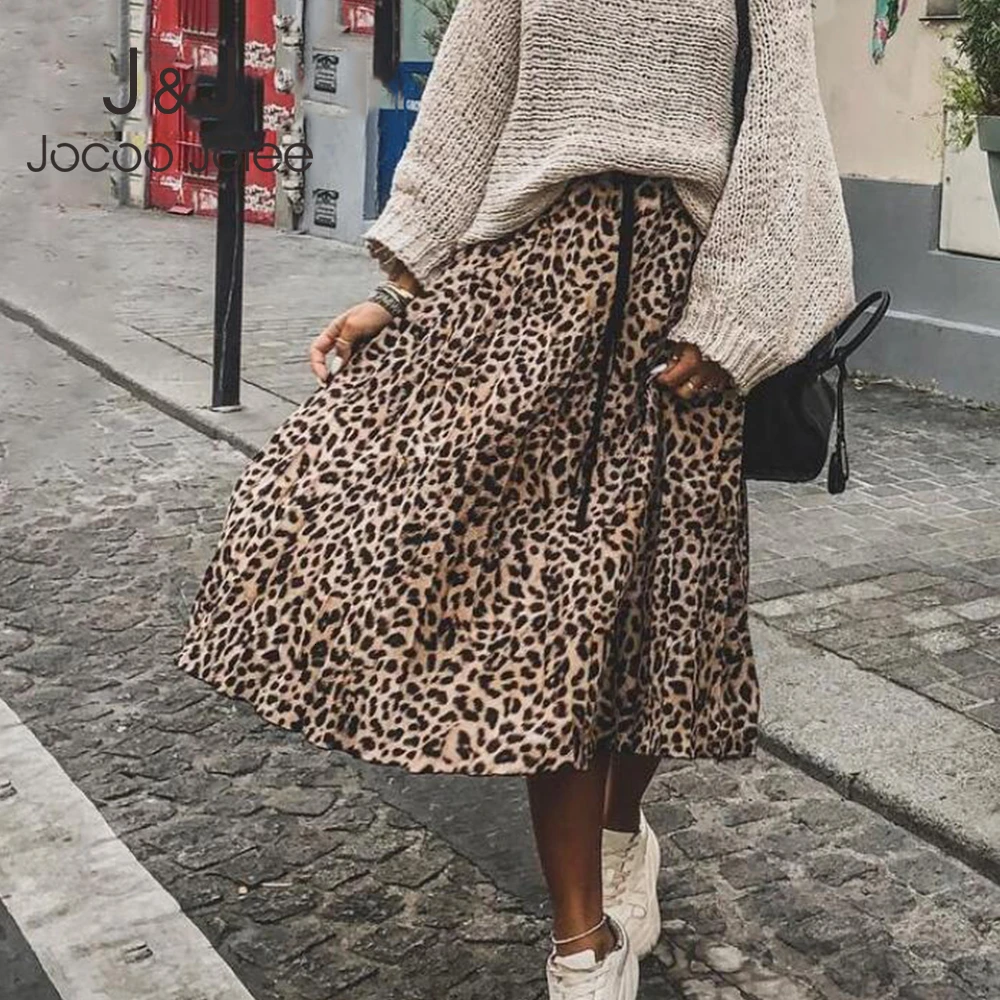 Jocoo Jolee Skirt Women Leopard Print Pleated Skirts Vintage Drawstring Elastic Waist Midi Skirts Casual Korean A Line Skirt