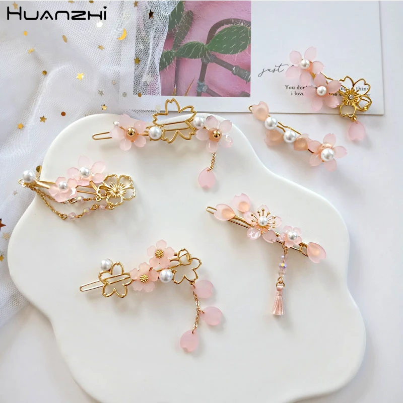 HUANZHI 2020 New Sweet Pearl Japan Cherry Blossoms Hair Clip Pink Acrylic Metal Headwear Hairpin for Women Girls Accessories