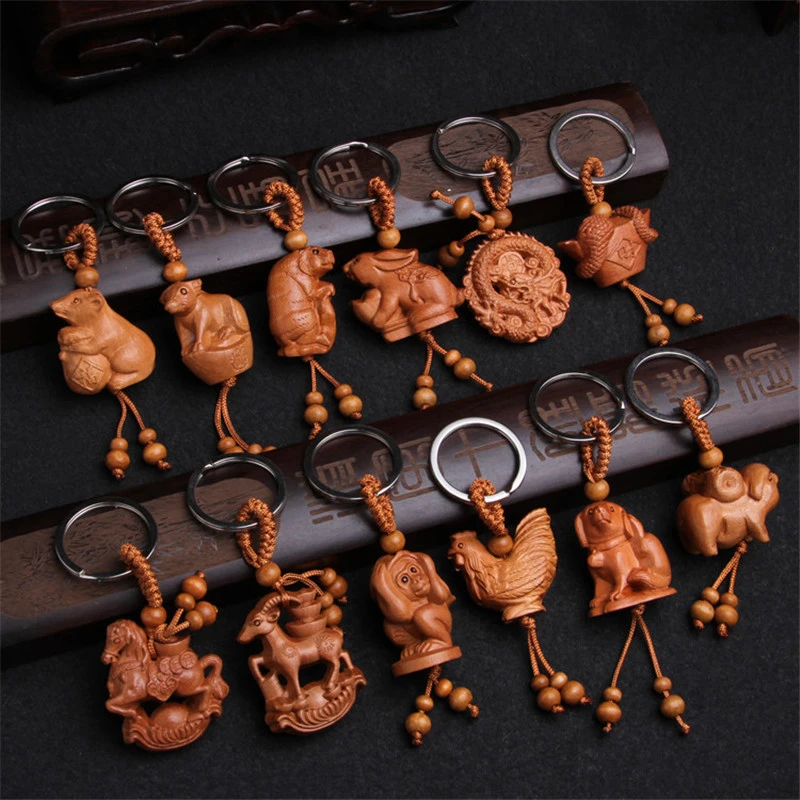 Ethnic Mascot Mahogany Chinese 12 Zodiac Keychain Engraving Wood Car Key Ring Creative Animal Horse Dragon Snake Dog Key Chain