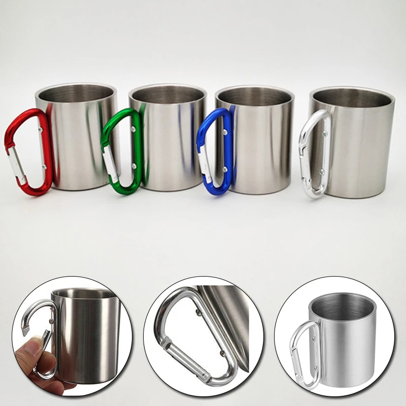 200ml Stainless Steel Cup For Camping Traveling Outdoor Cup with Handle Carabiner Climbing Backpacking Hiking Portable Cups