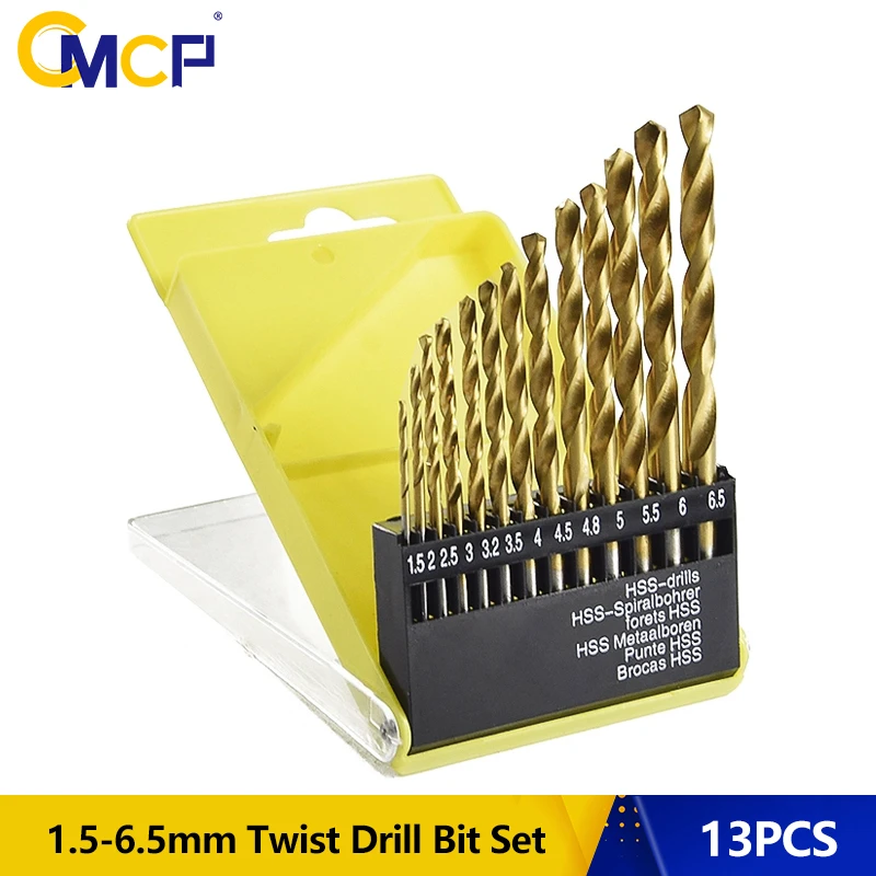 13pc 1.5-6.5mm Round Shank Twist Drill Bit Set Titanium Coated Hole Cutter High Speed Steel Gun Drill Bit Woodworking Metal Tool