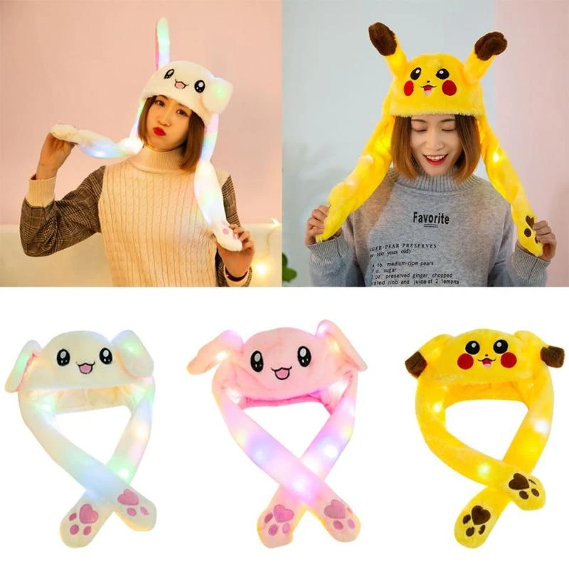 Kawaii Plush Moving Rabbit Ears Hat Lovely Luminous/No Light Kids Plush Hand Pinch Cap Moving Ears Hat with Earflap Girls Gift