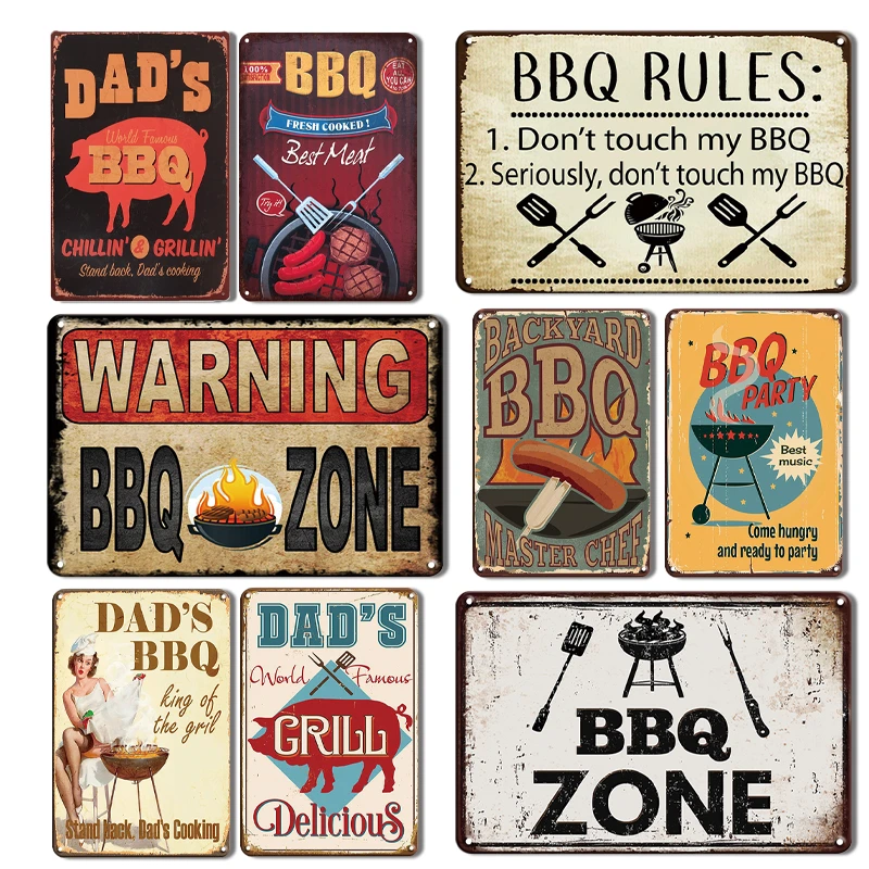 BBQ Zone Metal Tin Sign Vintage Dad`s BBQ Yard Outdoor Party Decoration Plate Retro Barbecue Rules Slogan Metal Signs