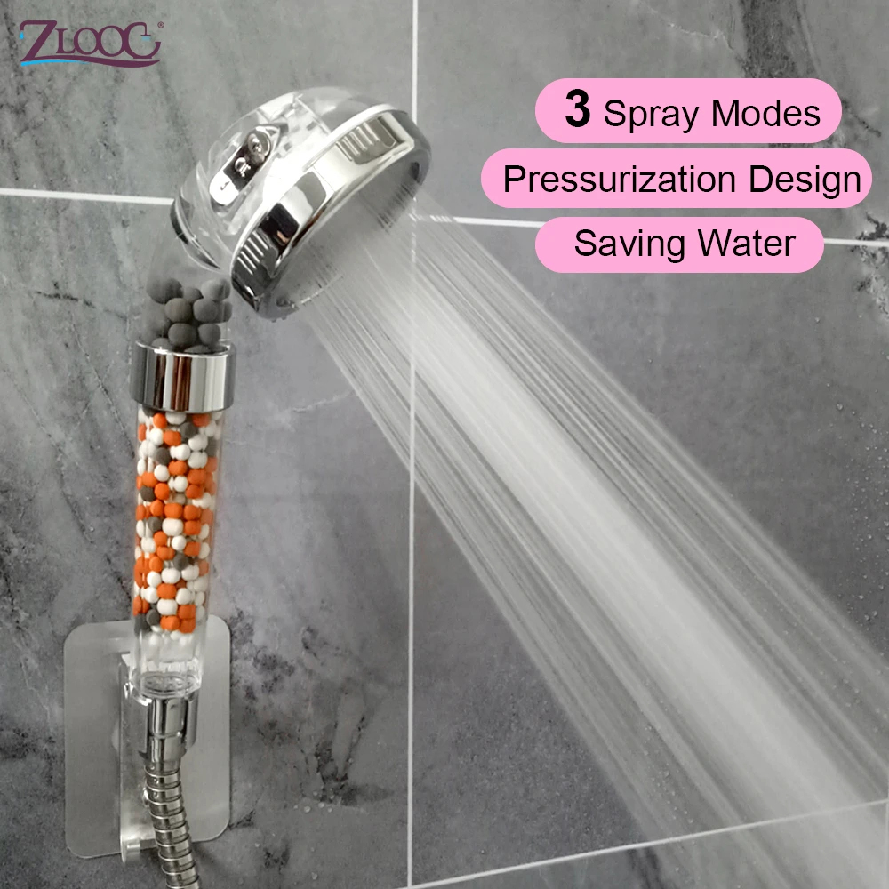 Zloog Bathroom Shower Heads 3 Modes Adjustable Jetting Saving Water High Pressure Mineral Anion Filter Shower Head SPA Nozzle