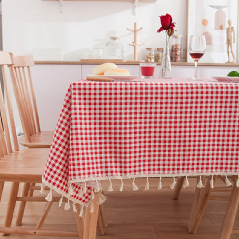 Red Plaid Striped Line Tablecloth With Tassel Vintage Rectangle Dustproof Table Cover For Picnic BBQ Home Decor Mantel Mesa