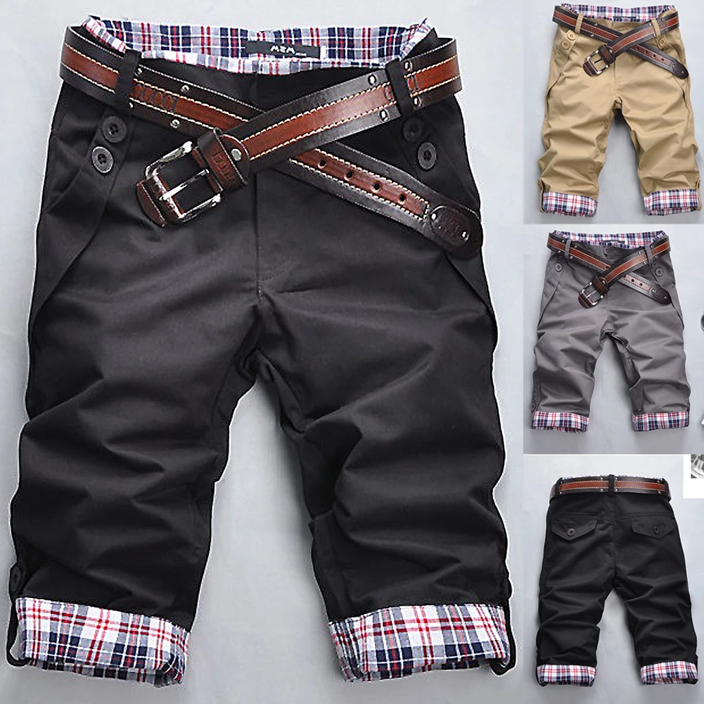 Men Casual Summer Plaid Patchwork Pockets Buttons Fifth Pants Loose Beach Shorts Male Summer Sports Workout BIke Shorts