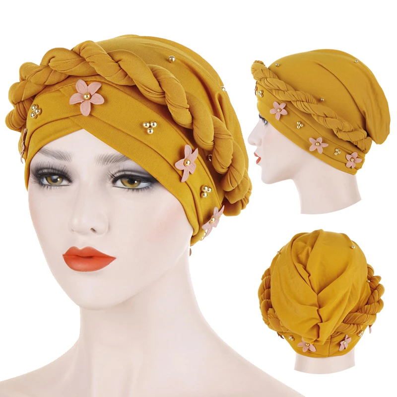 Gold beads women head scarf twist flowers Inner hijabs cap solid cotton muslim islamic turban bonnet Arab wrap hijab accessories