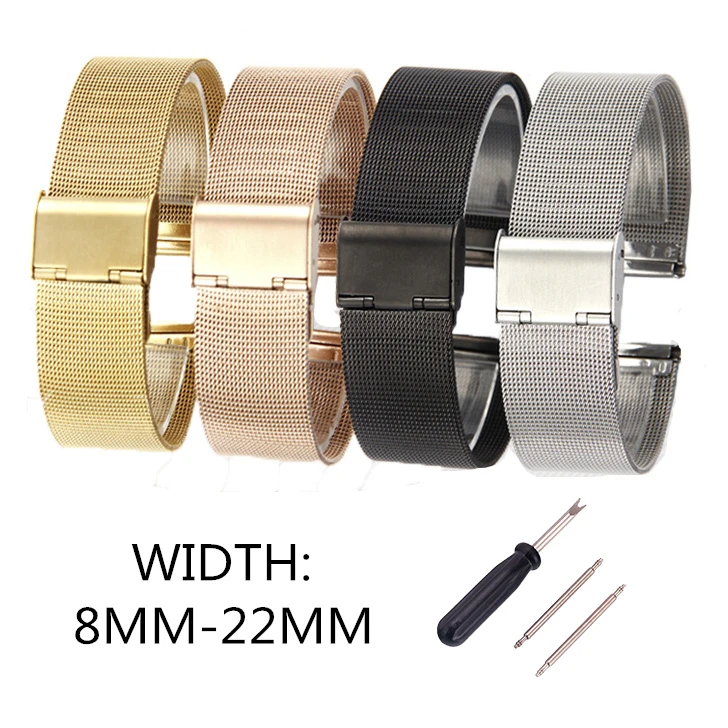 Quality 4 Colors Rose Gold Black Stainless Steel Men Bracelet Strap Wrist Watch Mesh Replacement Milanese Band 12-18 20 22 22mm