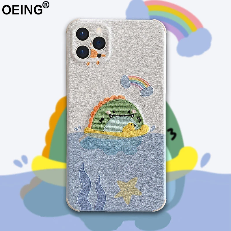 Embroidery Cute Phone Case For Iphone 13 Pro Max 12 Pro 11 7 8 Plus X XS Max XR SE2 Dinosaur Cartoon Case Cover Lens Protection