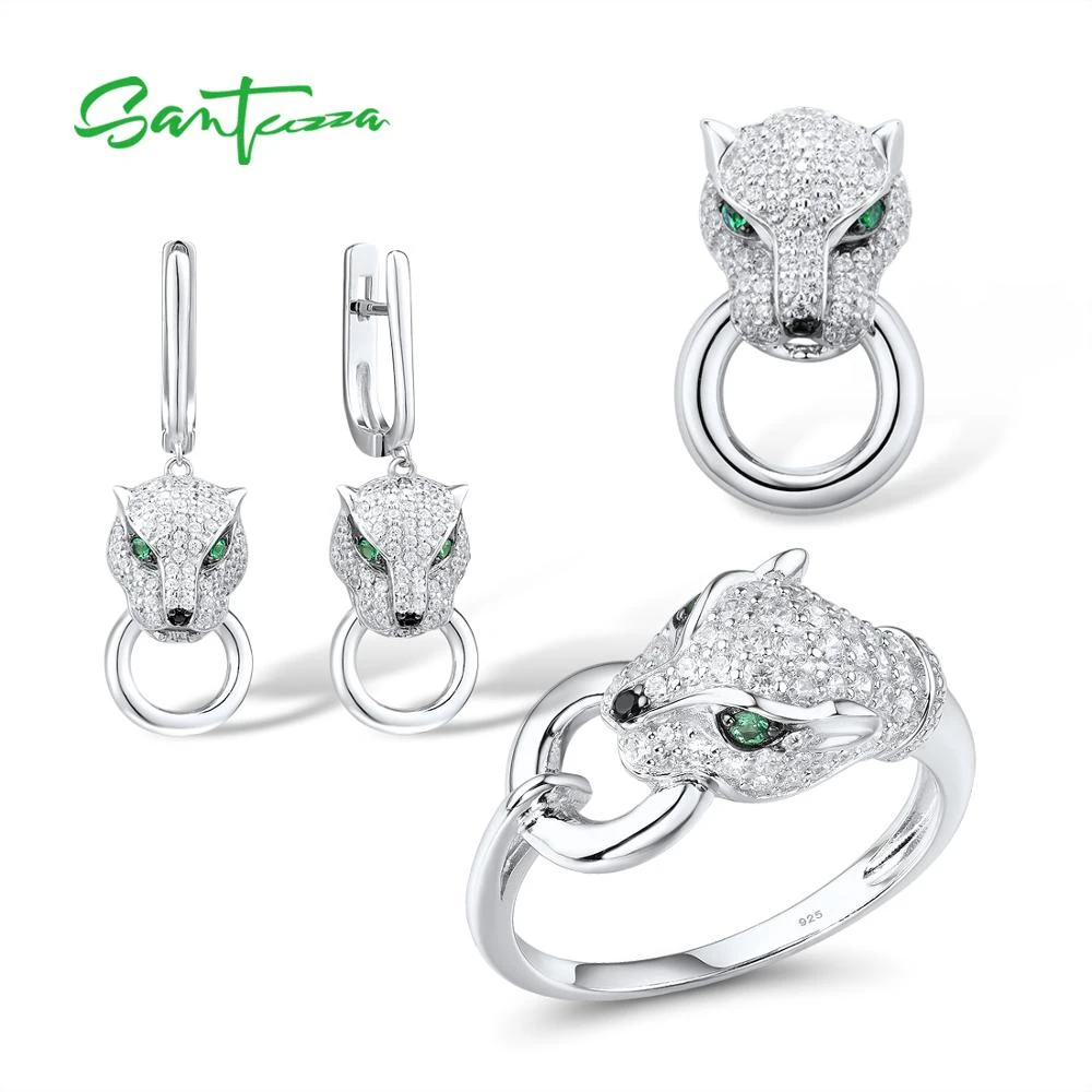 SANTUZZA 925 Sterling Silver Jewelry Set For Women White CZ Green Eyes Ring Earrings Pendant Leopard Set кольца Fine Jewelry