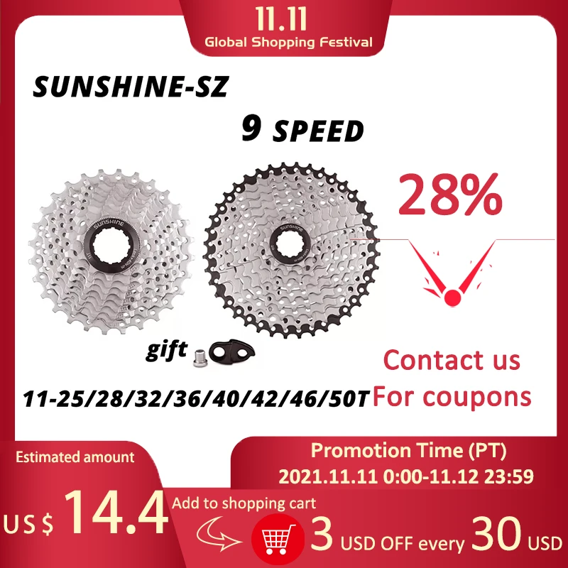 SUNSHINE 9 speed MTB Road bike Freewheel Cassette Flywheel 9S 25/28/32/36/40/42/46/50T for SHIMANO M370 M390 M4000 M590 sram 9v