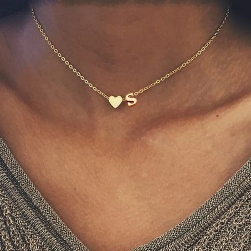 SMJEL Fashion Tiny Heart Initial Necklace Personalize Letter Name Choker Necklace For Women Pendant Jewelry Accessories Gift