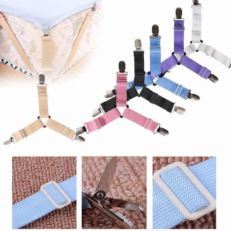 4pcs/set Adjustable Bed Sheet Holder Elastic Belt Fastener Grippers Suspender Cord Hook Loop Clasps for Mattress Cover Blankets