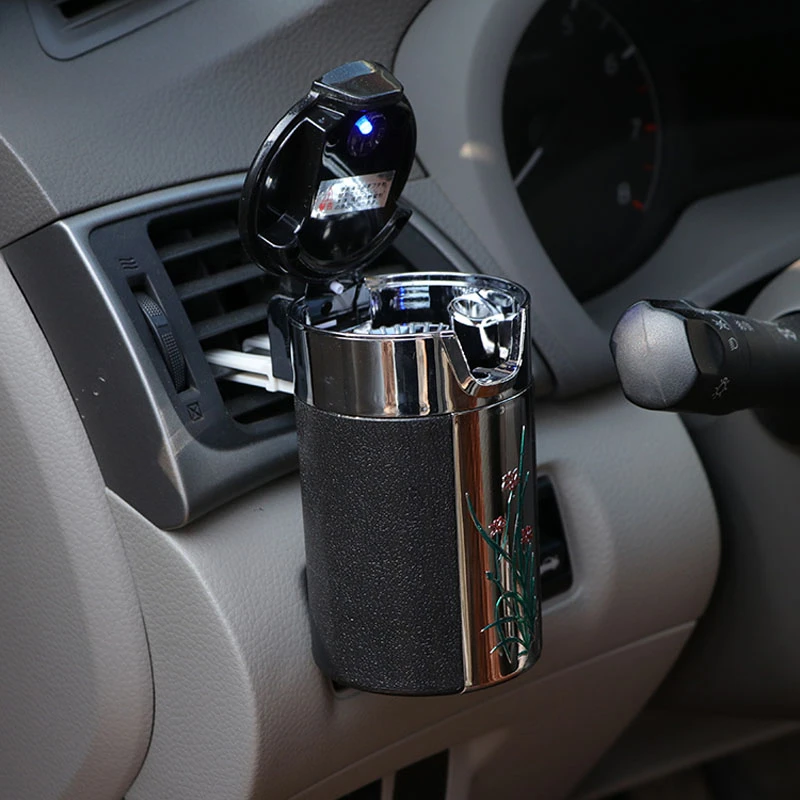 CHIZIYO Newest Car Portable Cigar Cigarette Ashtray Smokeless Carbon Fiber Car Ashtray With Led Light