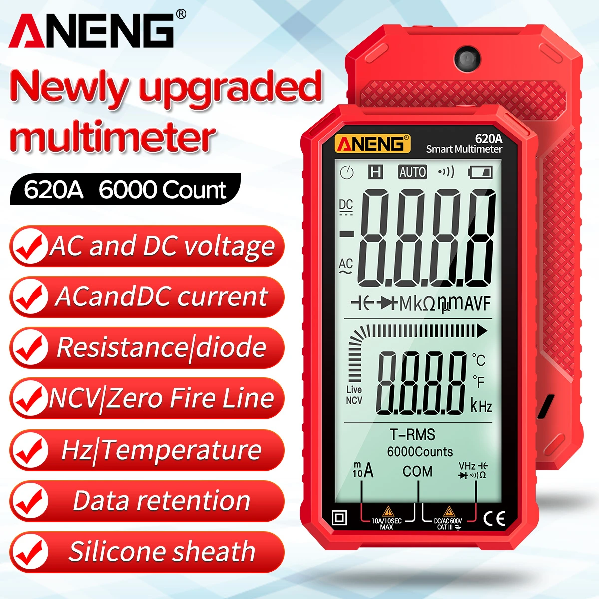 ANENG Digital Multimeter 620A 4.7-Inch LCD Display AC/DC Ultraportable True-RMS Auto-Ranging Multi Tester NCV Test