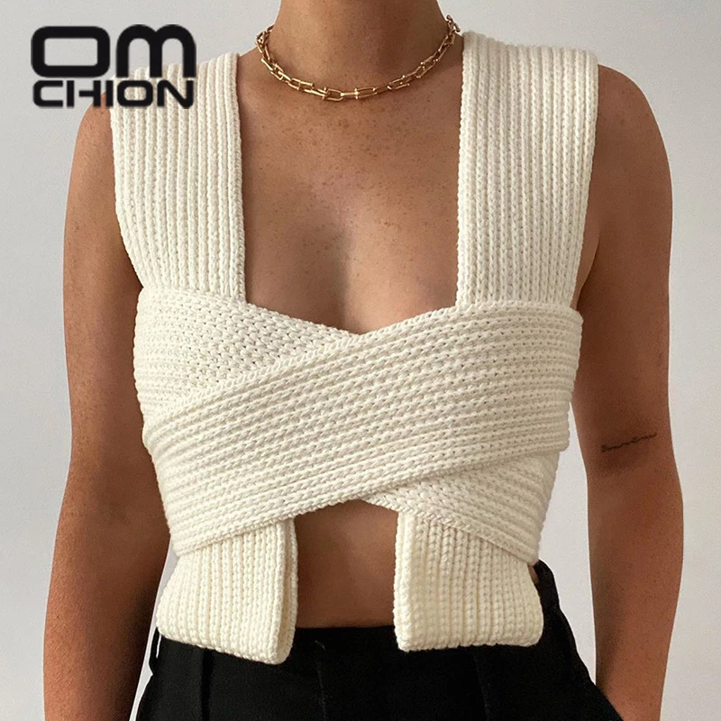OMCHION Pull 2021 Spring Summer Bow Cross Strap Knitted Sweater Vest Women Sexy Crop Top DIY Tie Clothing Sleevless Jumper LN08