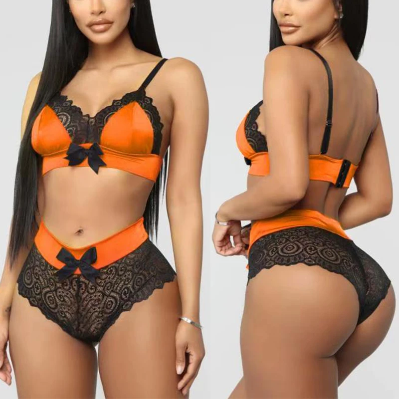 Hot Sell Quality Silk Seamless Lingerie Set Women Lace Bowknot Push Up Bra And Panty Set Sexy V Neck Erotic Underwear Brief Sets