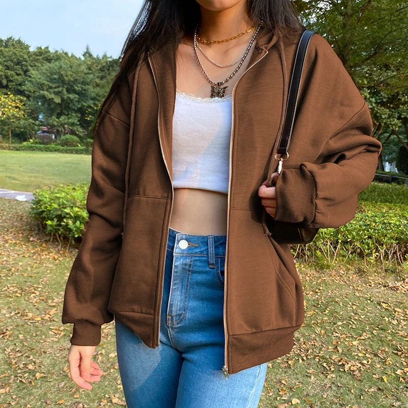 Y2K Brown Hoodies Vintage Winter Zipper Oversized Sweatshirt Jacket Fashion Pockets Long Sleeve Hooded Pullovers Tops Clothing