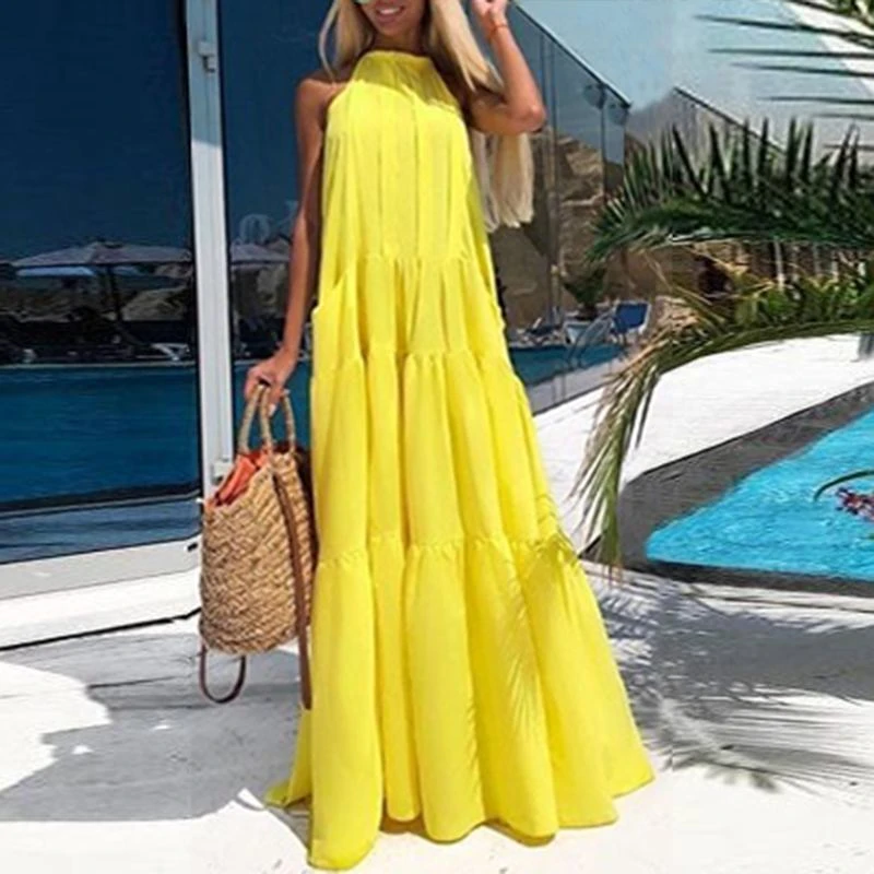 ZANZEA Women Sundress 2021 Summer Elegant Halter Neck Maxi Ruffles Dress Female Beach Dresses Sarafans Casual Vestidos