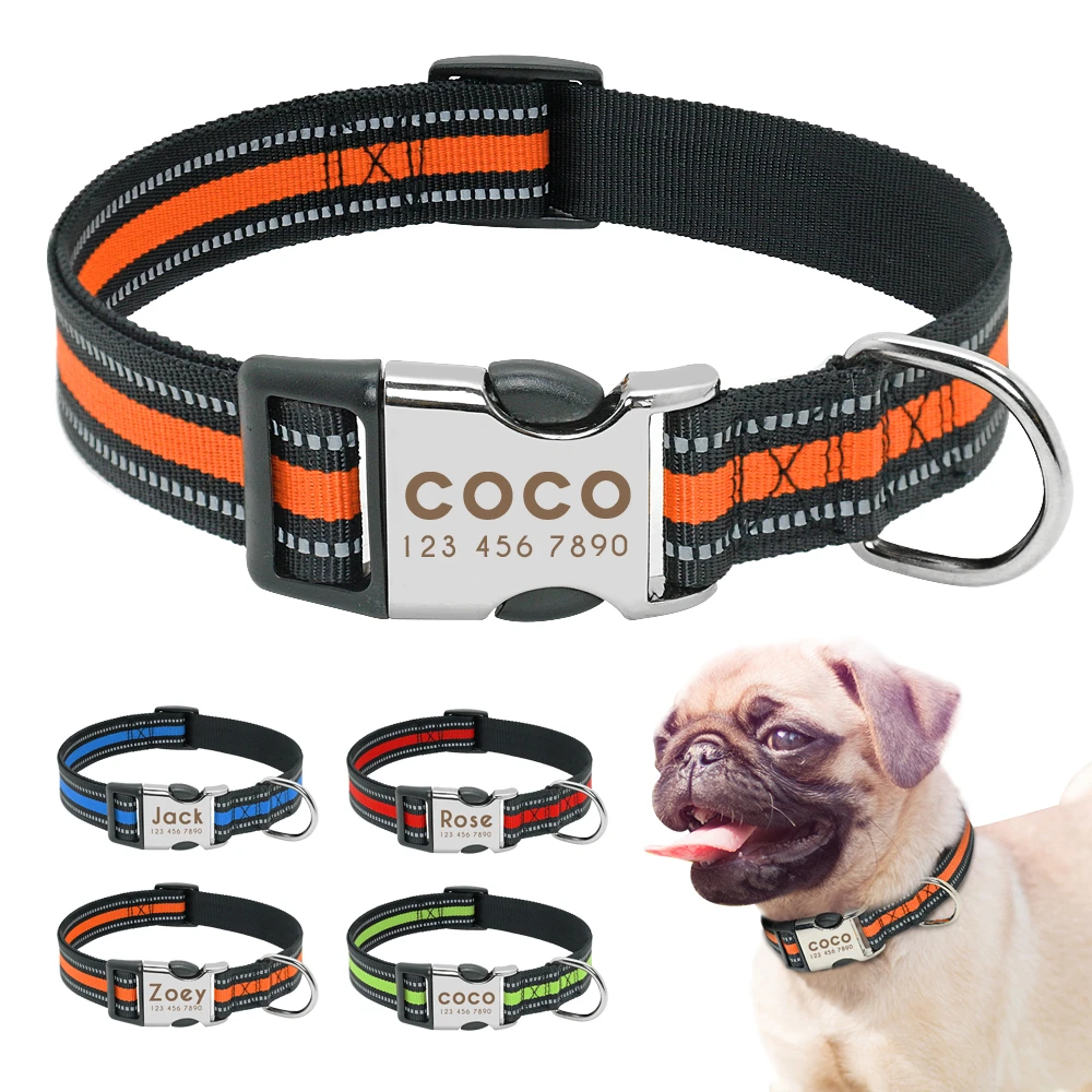 Custom Pet Dog Collar Leash Reflective Nylon Small Dog Puppy Collars Personalized Pitbull Medium Large Dog Collar Engrave Name