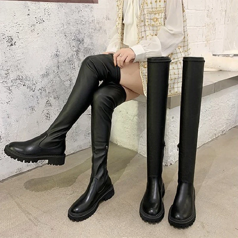 Women's Over The Knee Boots Females Side Zipper Leather Non-Slip Round Toe Flat Platform Ladies 2021 New Design Elegant Shoes