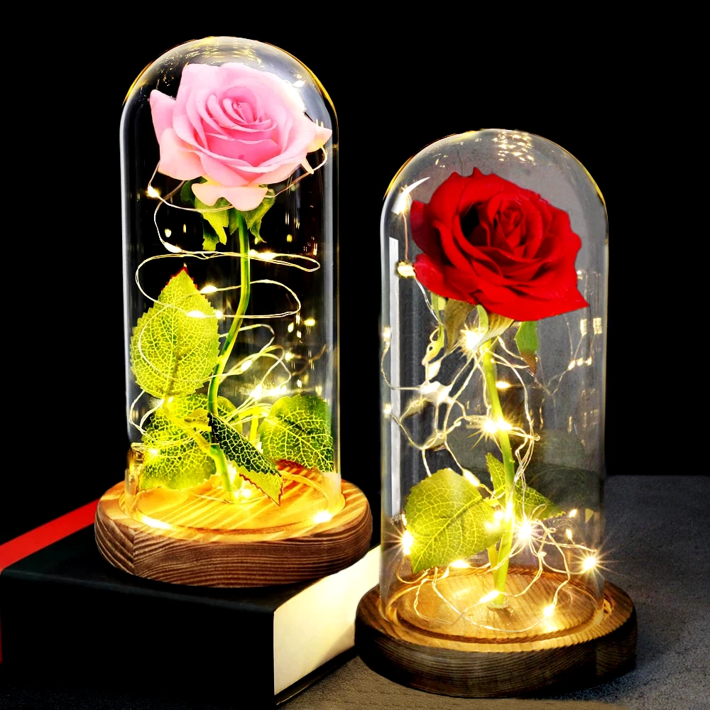 Artificial Flowers Beauty And The Beast Rose In LED Glass Dome Christmas Decoration Home Wedding Valentine's Day Mother's Gift