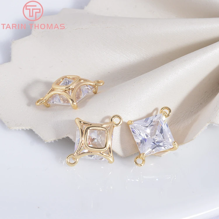 6PCS 5MM 6MM 7MM 24K Champagne Gold Color Brass with Zircon Square Connect Charms Pendants Jewelry Findings Accessories