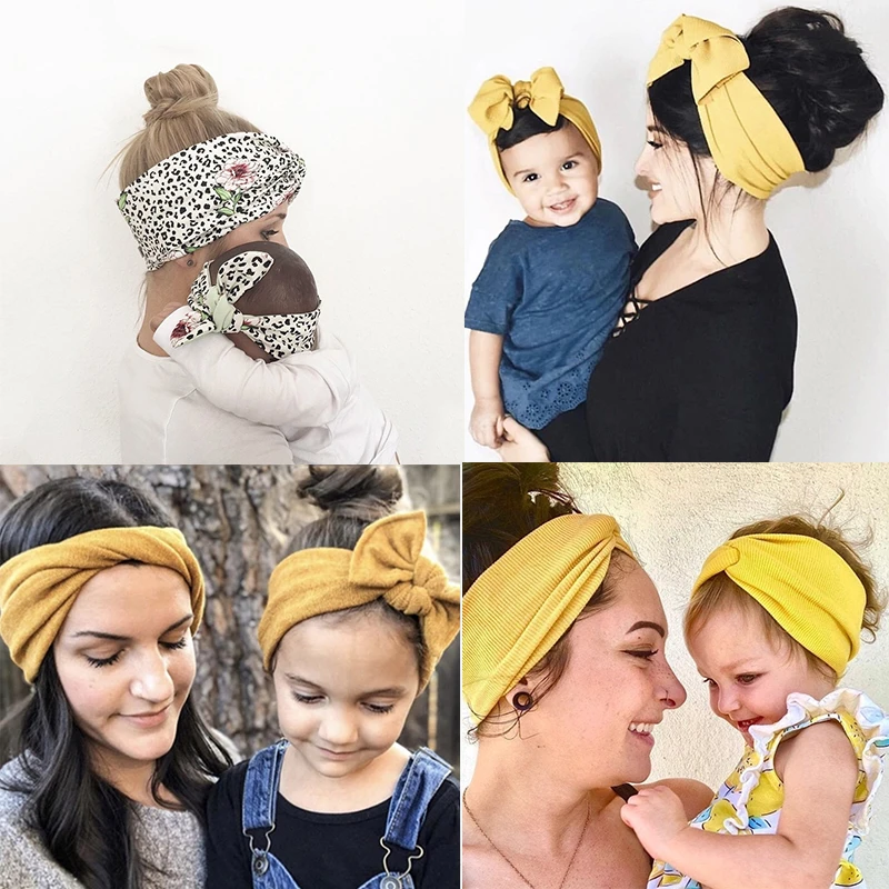 2Pcs Mom Baby Headband Set Flower Printed Rabbit Ears Hair Bands For Women Girl Hair Accessories Solid Bow Parent-Child Hairband