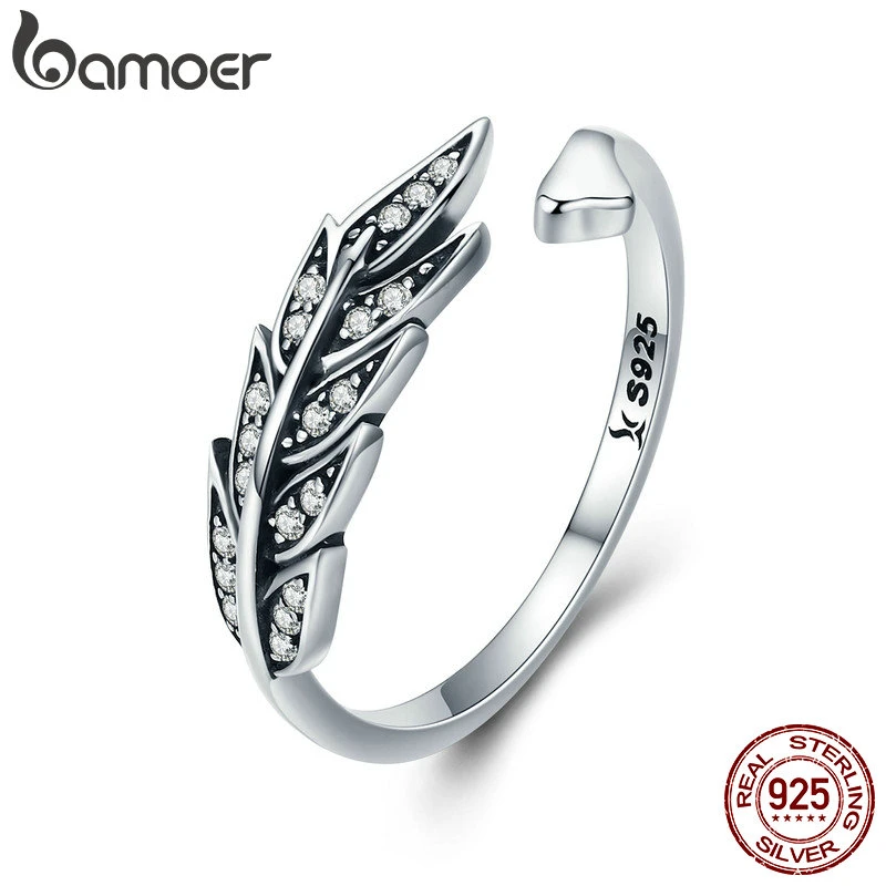 BAMOER Hot Sale Authentic 925 Sterling Silver Feather Wings Adjustable Finger Ring for Women Sterling Silver Jewelry Gift SCR313
