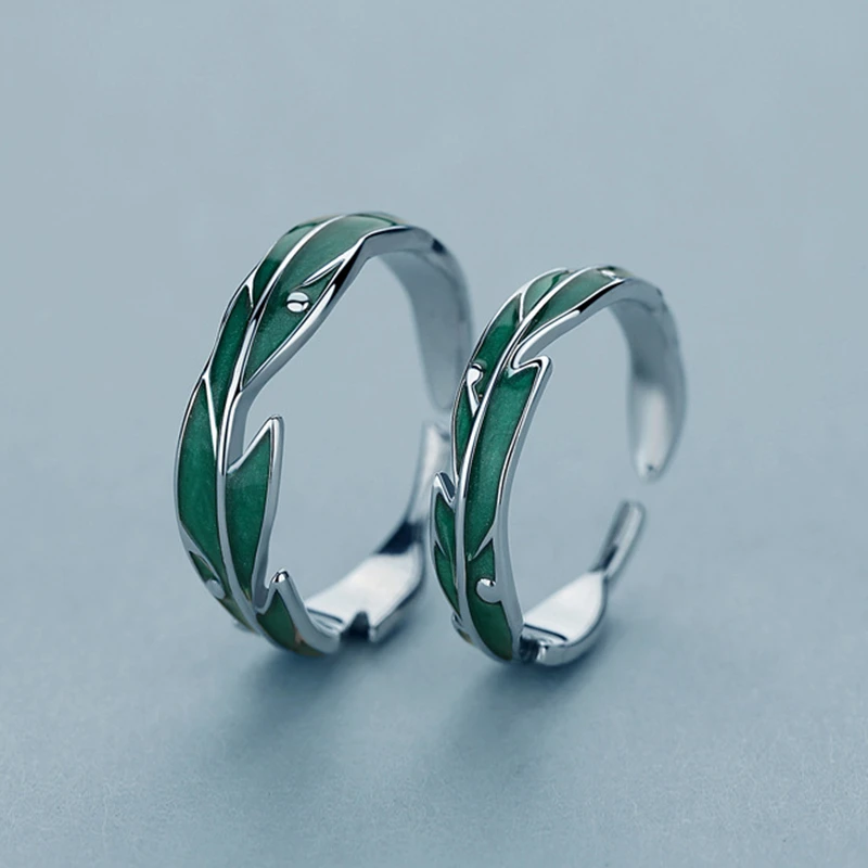 Sweet Simple Irregular Green Leaves Couple Ring For Women Lover Silver Color Open Resizable Rings Romantic Wedding Jewelry