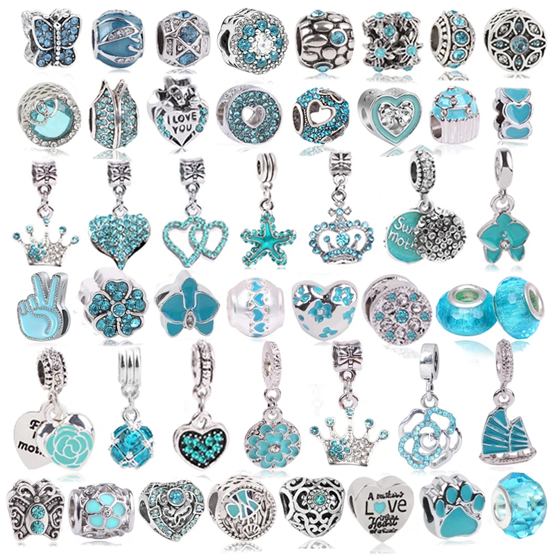 Boosbiy 2pc Light Blue Crystal Butterfly & Orchid Charms Beads Fits Fashion Brand Bracelets & Necklaces Jewelry Accessories