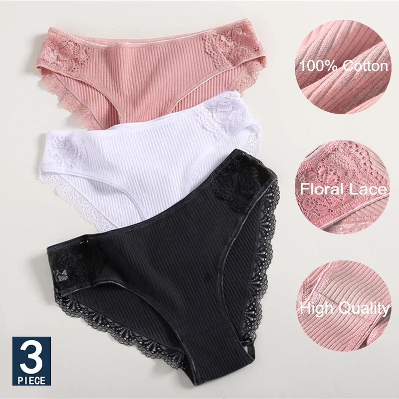 3PCS/Set Cotton Underwear Women's Panties Comfort Underpants  Floral Lace Briefs For Woman Sexy Low-Rise Pantys Intimates M L XL