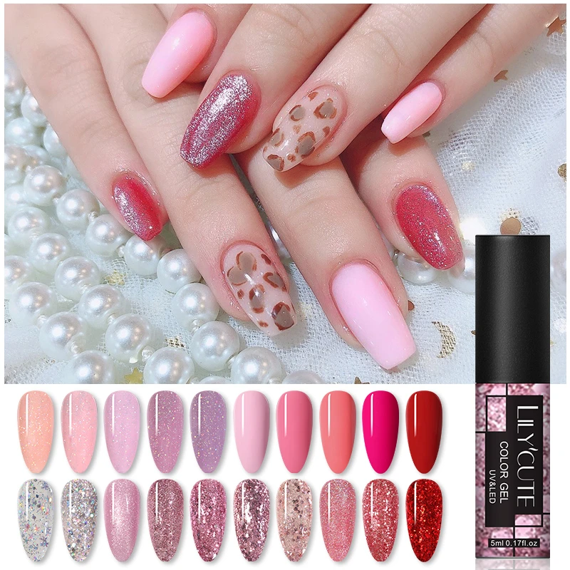 LILYCUTE 5ml Nude Glitter Gel Nail Polish Rose Gold Sequins Nail Gel Long Lasting Color Nails Polish Soak Off Nail Art UV Gel