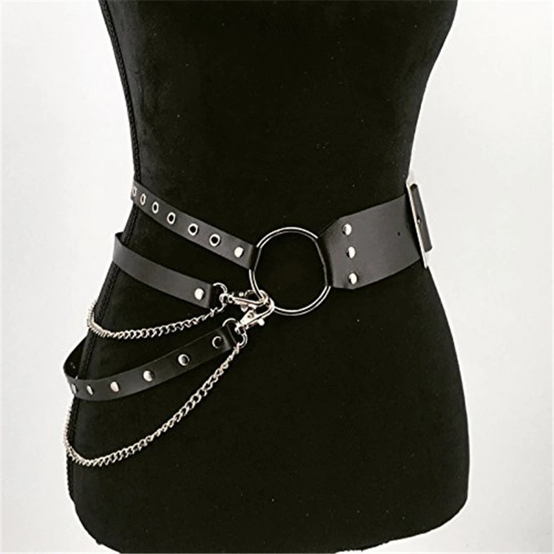 Fashion Women Gothic Punk Waist Belt Chain Metal Circle Ring Design Silver Pin Buckle Leather Black Waistband Jeans Waist Belts