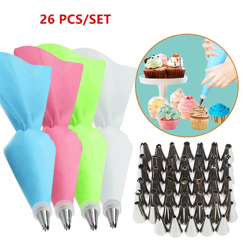 New 26Pcs/Set Silicone Pastry Bag Tips Kitchen Cake Icing Piping Cream Cake Decorating Tools Reusable Pastry Bags+24 Nozzle Set