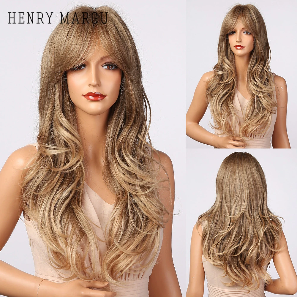 HENRY MARGU Long Wavy Ombre Brown Highlight Wigs with Bangs Synthetic Natural Wig for Women Heat Resistant Cosplay Hair Wigs