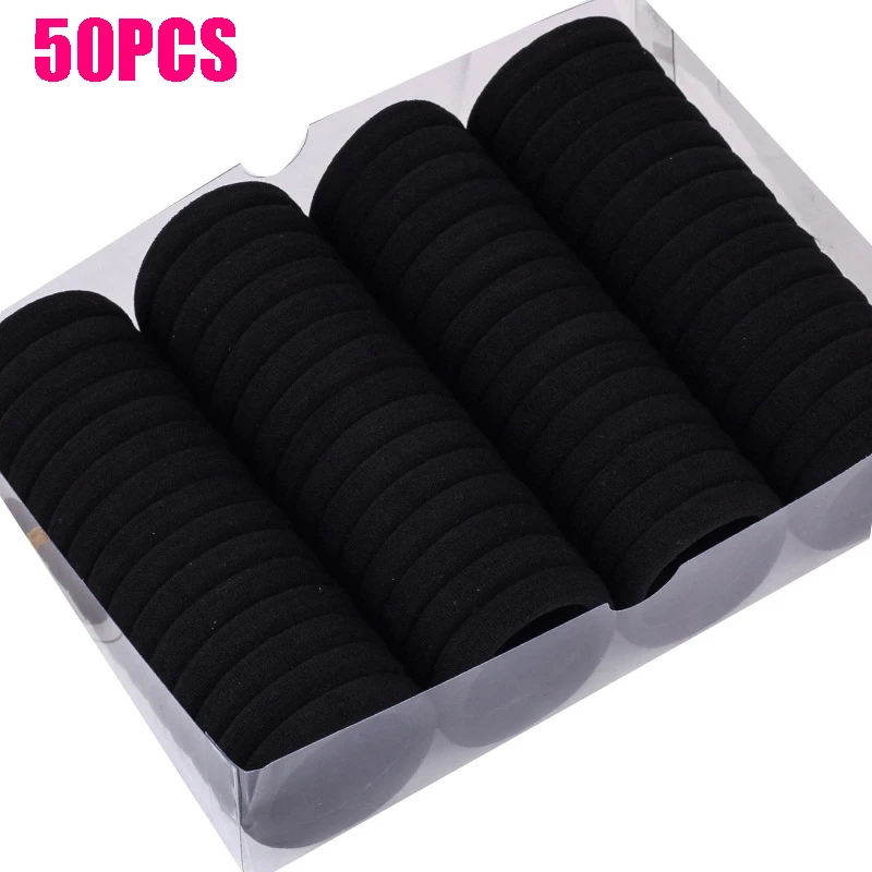 50pcs Black Hair Bands for Women Girls Step Size Hair Elastic Rubber Bands Basic Hair Ties Rope Ponytail Holder Hairbands Thick