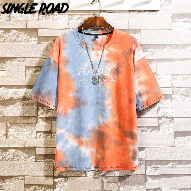 Single Road Men T-shirt 2021 Short Sleeve Top Oversized Tie Dye Tshirt Male Hip Hop Japanese Streetwear Harajuku T Shirt For Men