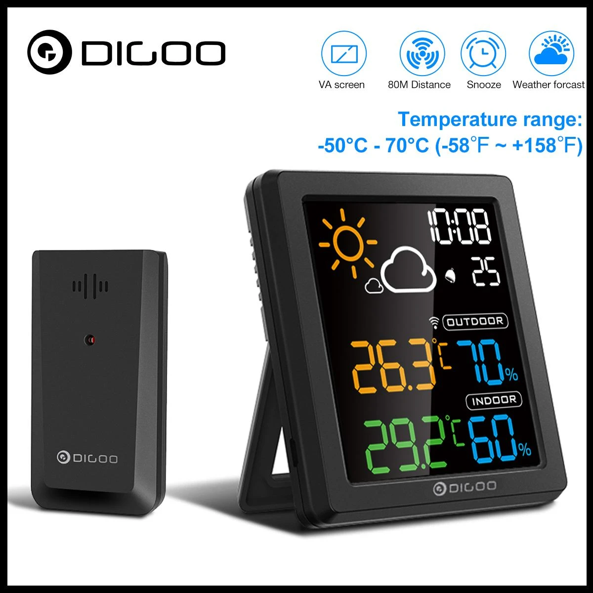 DIGOO DG-8647 Mini Colorful HD Screen LCD Weather Station Alarm Clock Smart Hygrometer Thermometer Snooze Dual Desktop Clock