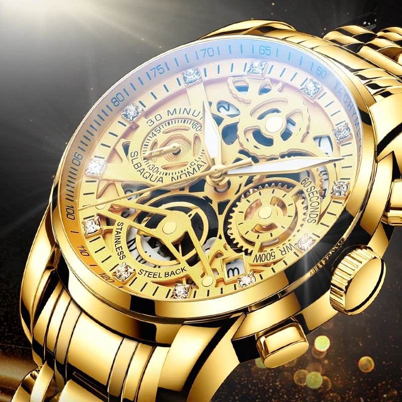 NEKTOM 2020 Men Watches Luxury Top Brand Gold Watch Stainless Steel Big Male Wristwatch  Yellow Quartz  Sports Watches for Man