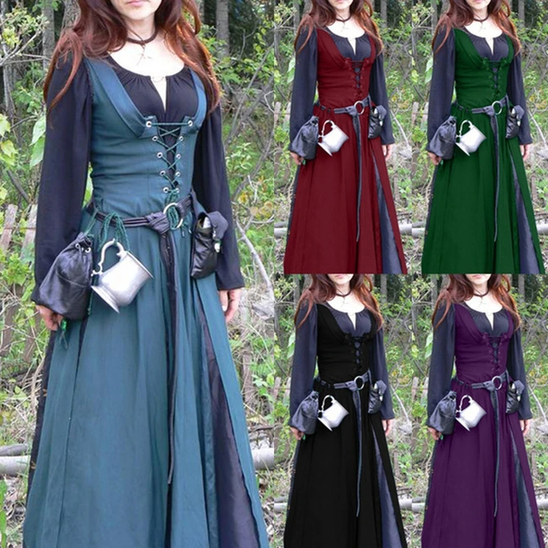 Classic Dress Women Medieval Vintage Retro Belted Dress Long Sleeve Ronud Neck Floor Length Lace Up Fit Slim Female Dresses