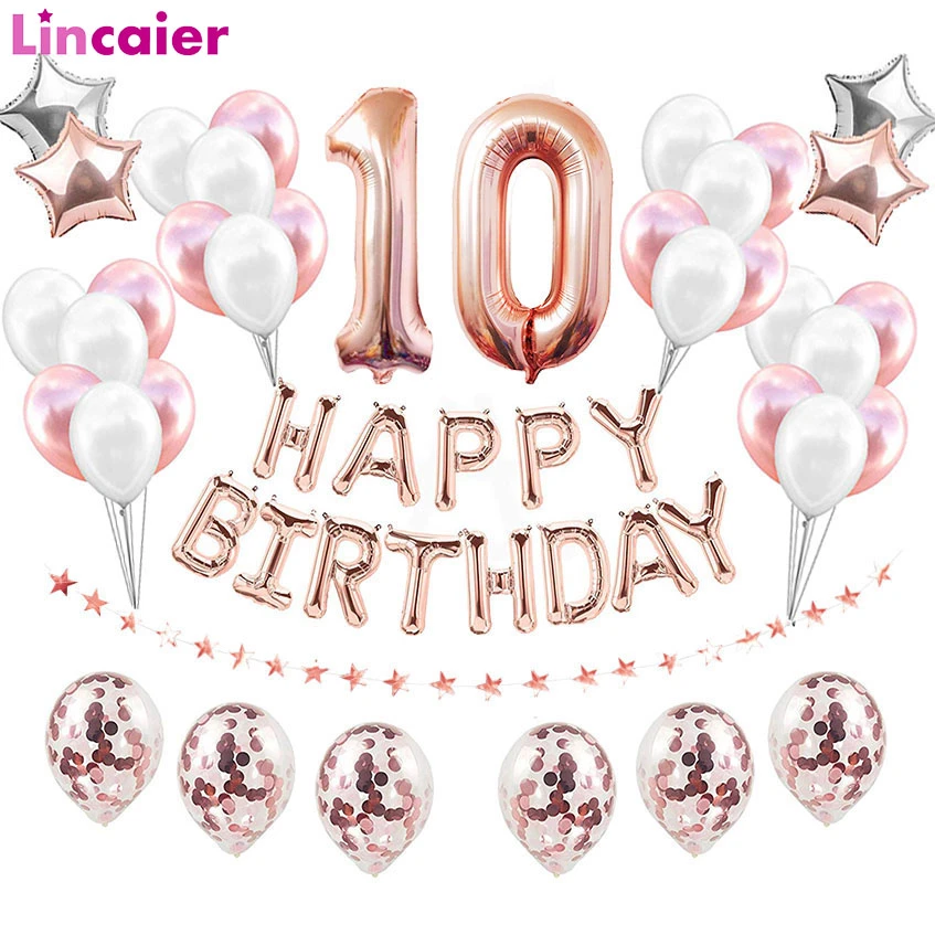 Number 10 Foil Balloons Happy 10 Birthday Party Decorations 10th Years Old Tenth Boy Girl Supplies Anniversary Rose Gold Blue